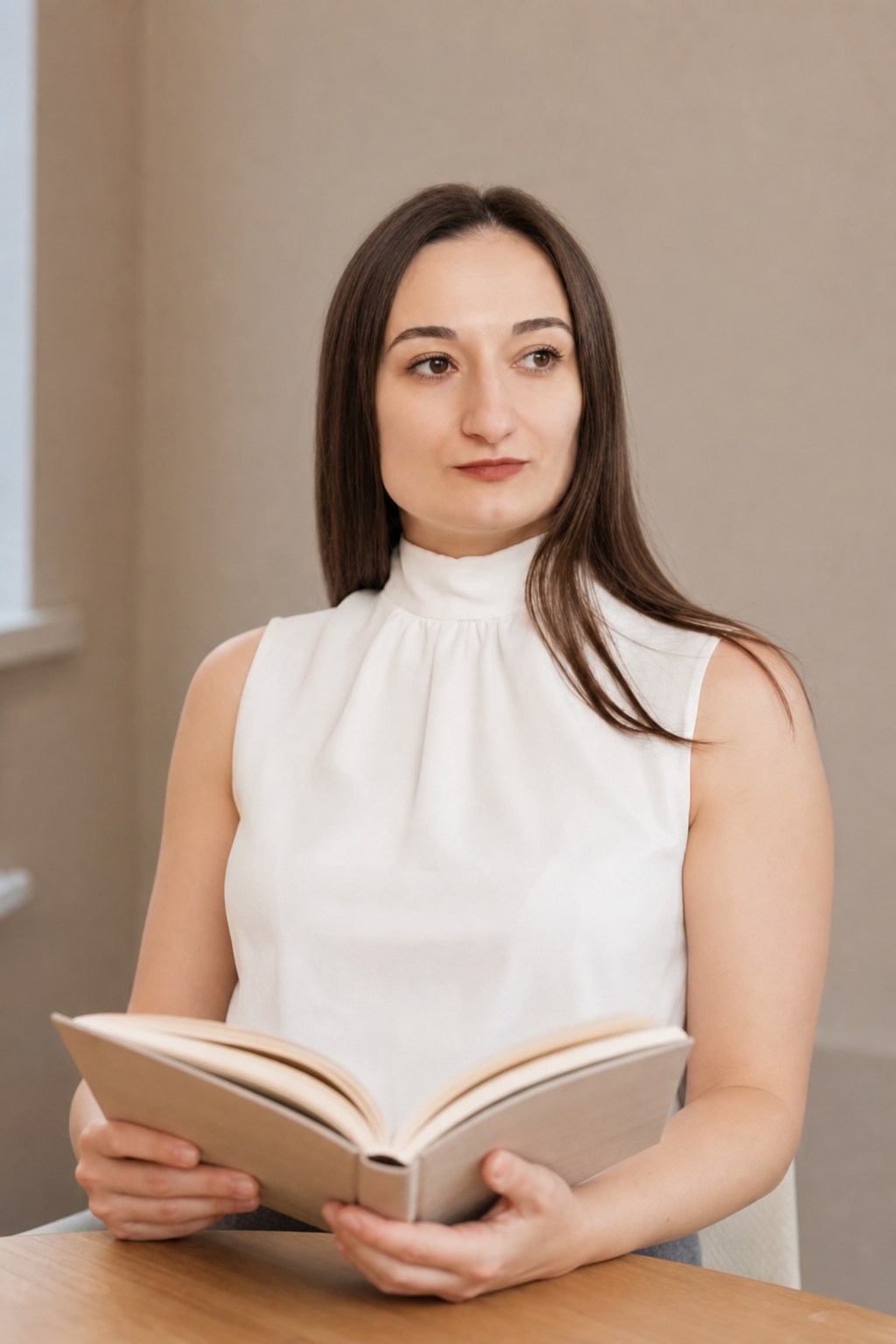 Анна за робочим столом із книжкою під час підготовки до заняття